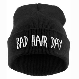 Black knit "Bad Hair Day" beanie hat